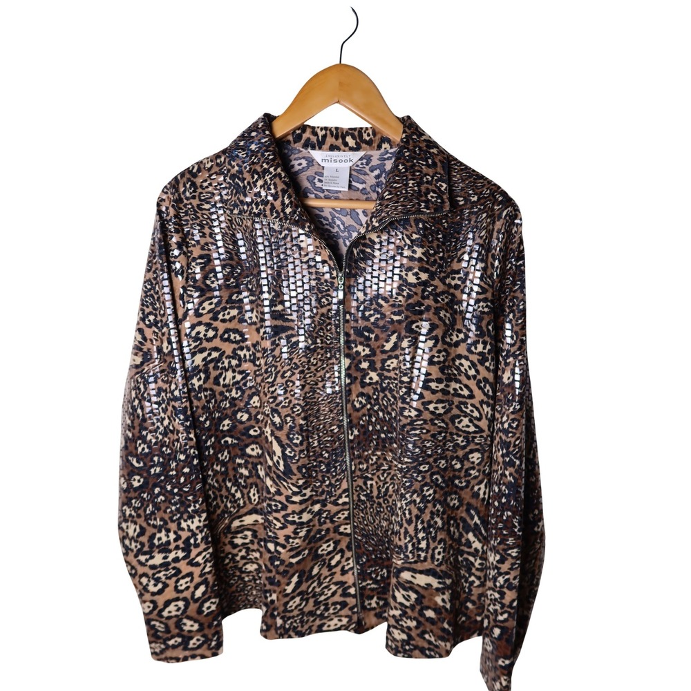 Misook Leopard Print Metallic Zip Front Jacket Brown Tan Size Large Excellent